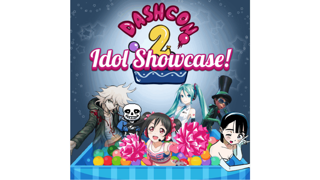 The dashcon 2 logo with the words "idol showcase" overtop of it. Below it, various anime characters/tumblr sexymen are photoshopped into a ball pit