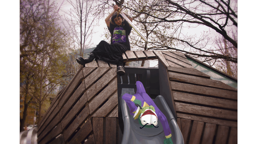 Strange Aeons on a play structure holding a sword with two hands, gearing up to stab the Muppet Joker in the heart.